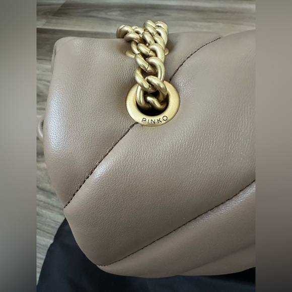 New Pinko Large Puff Leather Shoulder Bag In Taupe - Picture 13 of 14